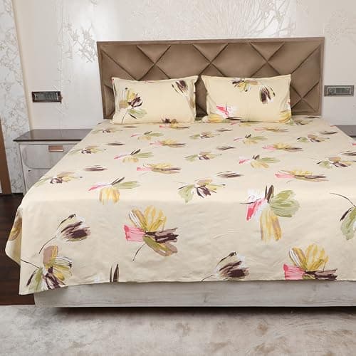 AVI 180 TC Bedsheet King Size Bed Glace Cotton with 2 Pillow Covers | 110 GSM Soft Brushed Microfiber King Size Bedsheet Cotton - Breathable & Wrinkle Free - (223 x 241 CM, Green & Yellow)