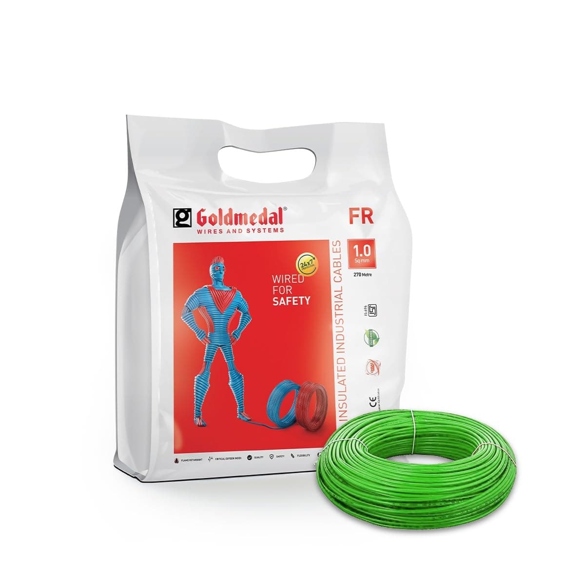 Goldmedal 45 Meter 1100V 10 Sq mm Fire Retardant Electric Wire Green Pack of 1 Wire for Domestic Industrial Connection Use MultiStrand PVC Electrical Insulated Copper Wire