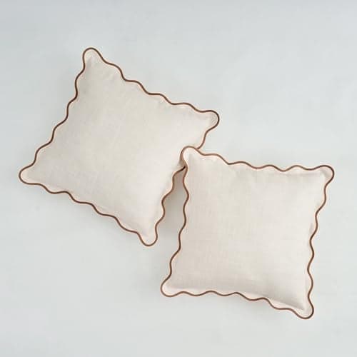 Mayler Yee Scalloped Throw Pillow Covers Set of 2 for Living Room, Cotton & Linen, Boho Sytle Decorative Home (Beige Main Body & Brown Edge, 20x20 Inch / 50x50cm)