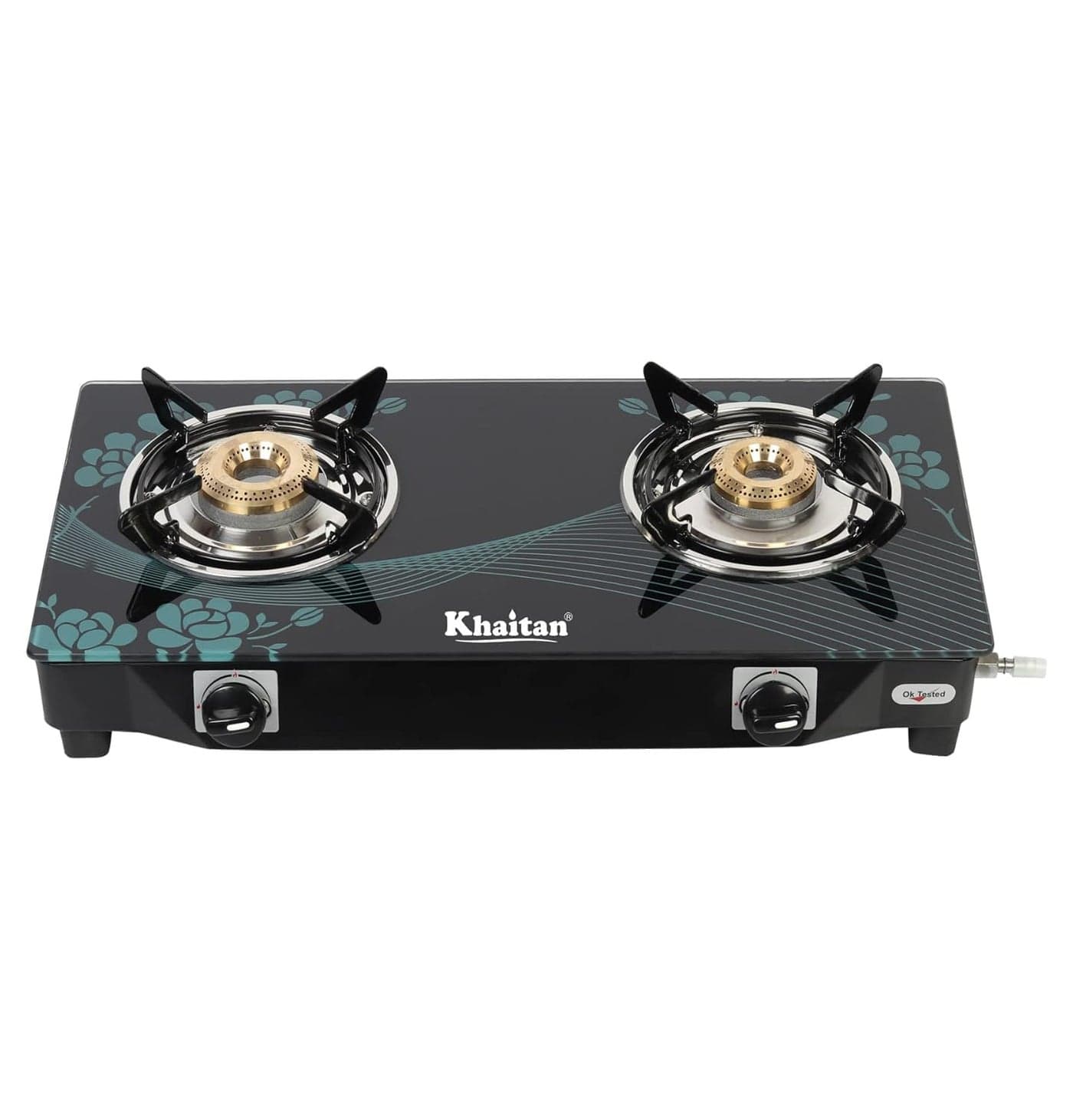 Khaitan 2 Burner BP Nano Aqua Blue Digital Toughened Glass LPG Gas Cooktop, Manual Ignition Gas Stove with 1 Year Warranty (ISI Approved)