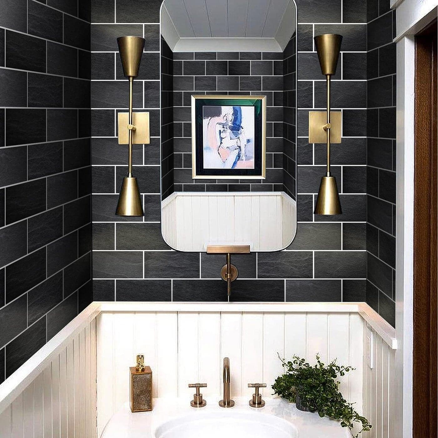 54Pcs Alwayspon Wall Tile Transfers Sticker for Home Decor Peel Stick selfAdhesive splashback Stick On Tile Decals for Living Room Kitchen Bathroom Decor Black Stone Brick