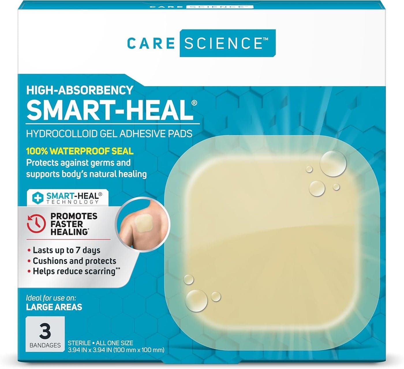 Care Science Hydrocolloid Bandages, Extra Large | 100% Waterproof Seal (4 in x 4 in, 3CT)