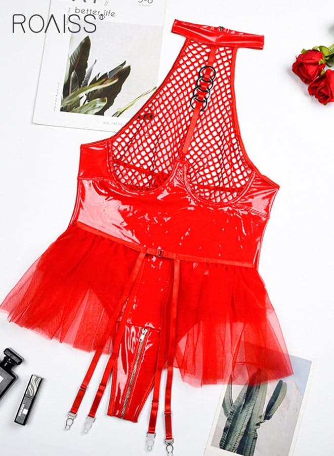 Adult Halter Teddy Bodysuit for Women Shiny PU Patent Leather Backless Lingerie Ladies Lace Mesh Underwear Leotard Babydolls Cosplay Costumes Outfits
