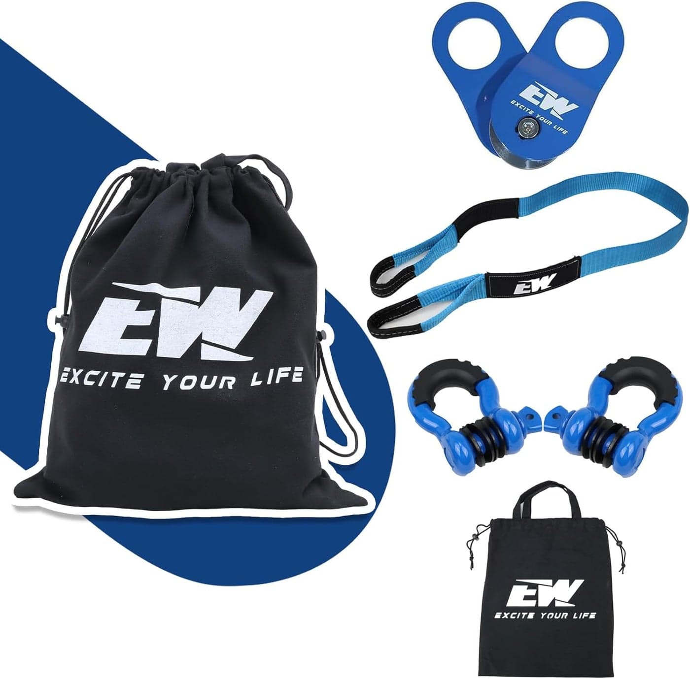 ELITEWILL Offroad Recovery Gear Kit - 3" x 8' Tree Saver Winch Towing Strap, D Ring Shackles, 10 Ton Block Pulley & Storage Bag
