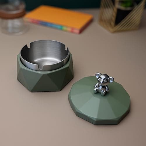 CORAL TREE Stainless Steel & Plastic Base Portable Ashtray Spinning Lid Modern Tabletop Ashtray With Non Slip Stronger Base for Home Office Indoor or Outdoor for Men & Women (Olive Green)