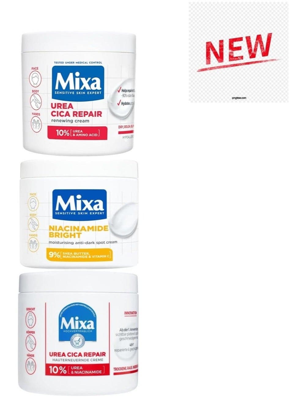 Mixa Urea Skin Renewal Cream with Urea and Niacinamide for dry, rough, and uneven skin. Repairs and softens. Moisturizes body, hands, and face. Urea Cica Repair+, 400ml. + Mixa Urea Cica Repair+ Moisturizing Body Cream for dry, rough, and uneven skin with 10% Urea and Niacinamide. Hypoallergenic fra