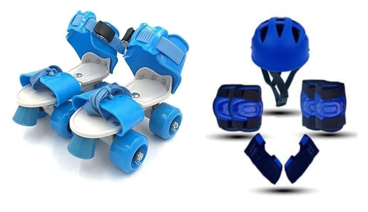 Qwick Click Roller Skates with Protective Set Guard Protection kit for Skating, Cycling & Skateboarding for Kids Age 6-15 Years with Knee, Elbow and Wrist Guards (Blue)