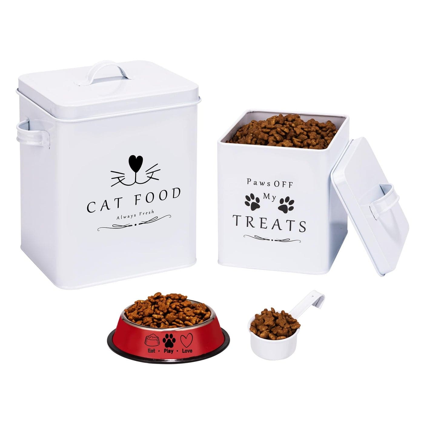 Meraki Home Farmhouse Cat Food and Treats Containers Feed Scoop Pet Food Bowl Tight Lids Large Metal Storage Bin Great Gift for Cute Pets Glossy White