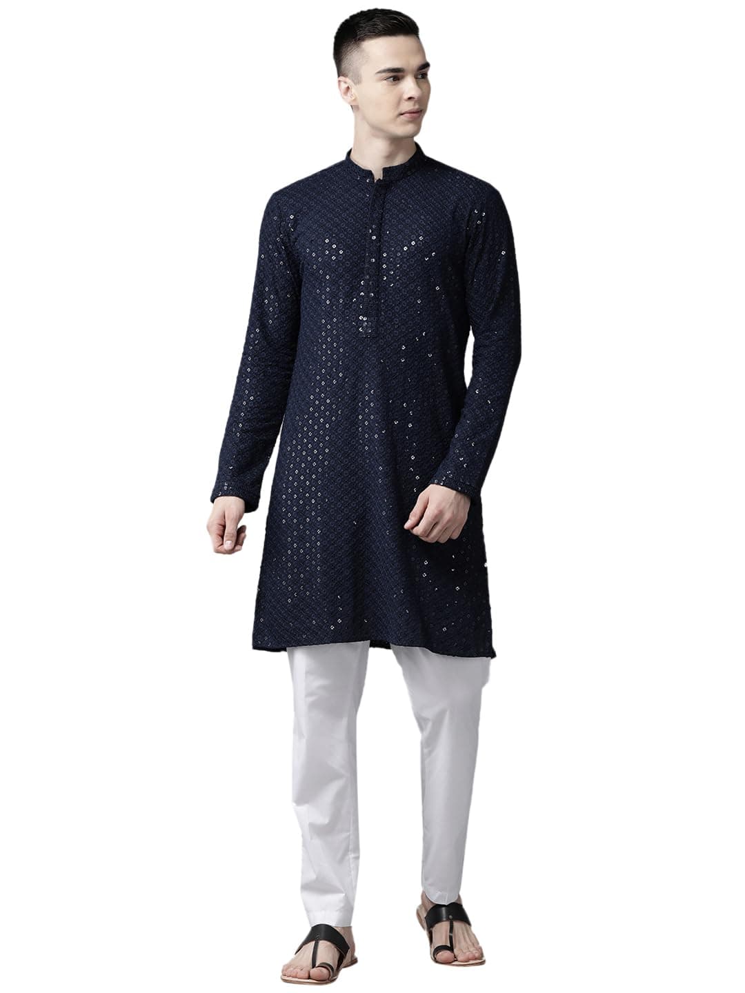 See Designs Men Mandarin Collar Navy Blue Floral Embroidered Sequined Rayon Full Sleeve Kurta With pyjama - SD2EKT_129701L