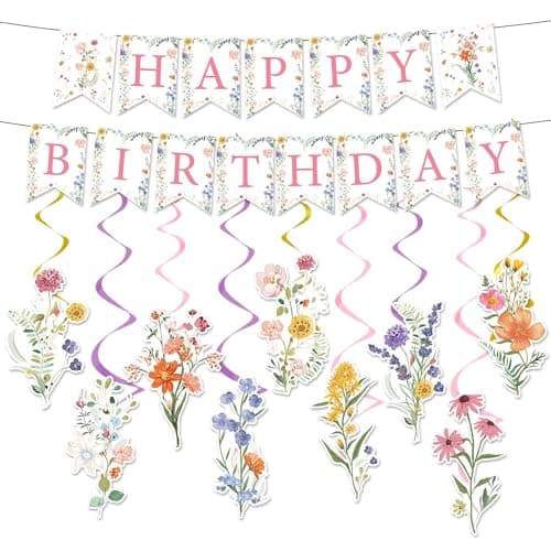 Rngmsi Flower Birthday Decorations for Girls 11PCS Wildflower Happy Birthday Banner Garland Hanging Swirls Decoration Floral Party Decor for Women