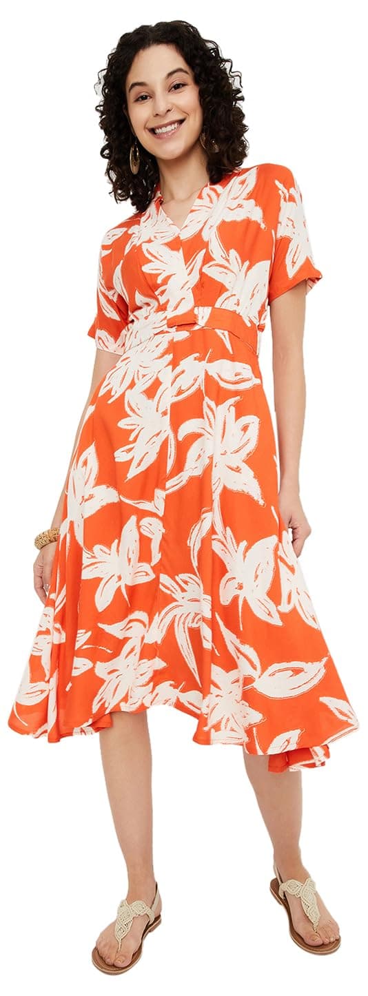 Women Printed Fit & Flare Dress, Orange, M