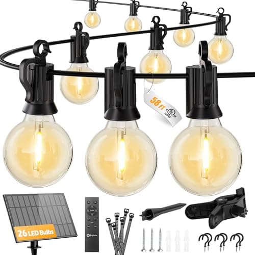 Brightown 58FT 26LED Solar String Lights Outdoor with Remote & USB Port, Shatterproof Bulbs, Dimmable & Timable, 3 Modes, Patio Lights Solar Powered with Mount Clips for Camping Backyard Garden Decor