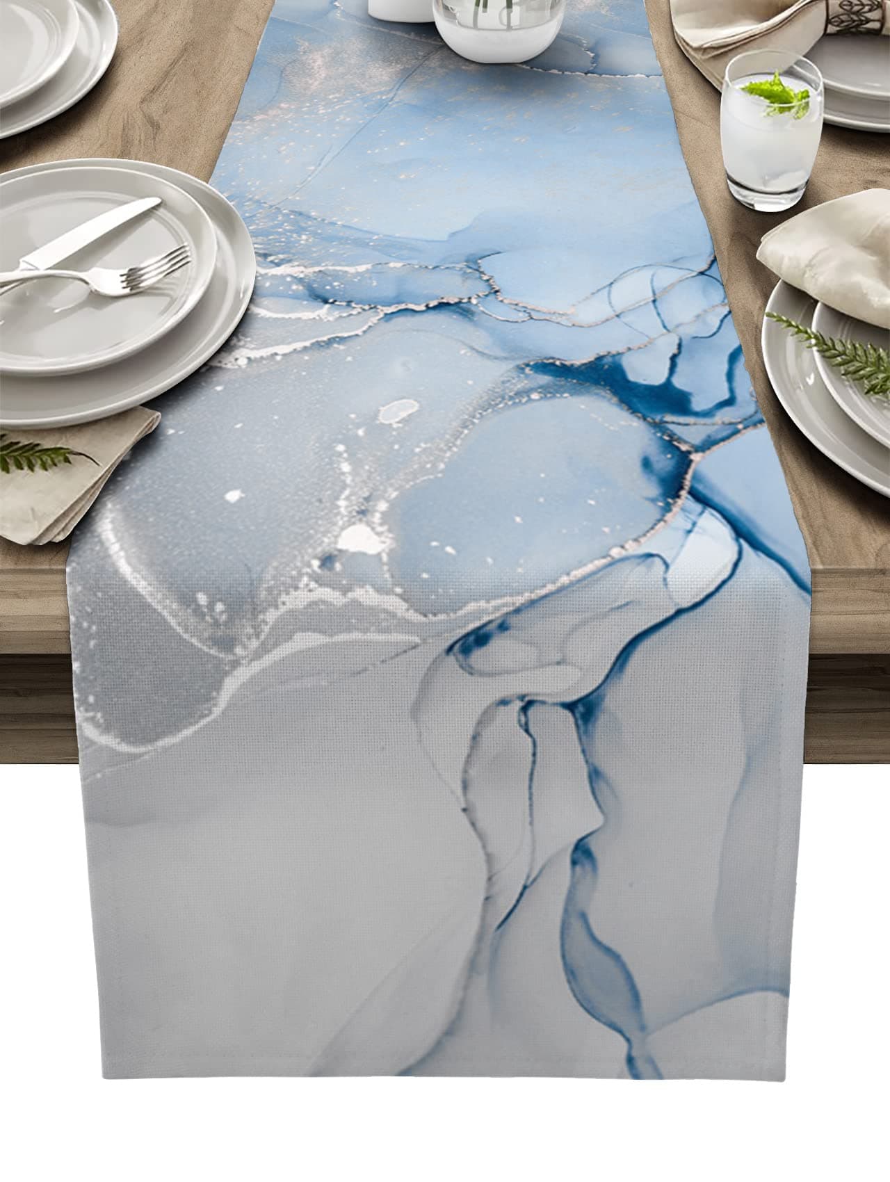 ZOE GARDEN Marble Table Runner 108 Inches Long Ombre Blue Marble Grey Farmhouse Modern Kitchen Dining Burlap Cotton Tablerunner for SmallRoundSquareWeddingCoffeeDining Table Party Home Dcor