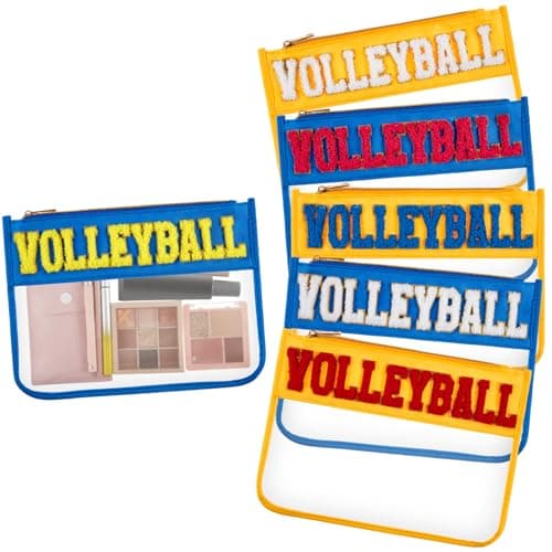 Aliceset 6 Pcs Volleyball Chenille Letter Preppy Patch Makeup Snack Bags Gift for Women Waterproof PVC Cosmetic Organizer Storage Flat Clear Portable Toiletry Zipper Pouch Blue Yellow
