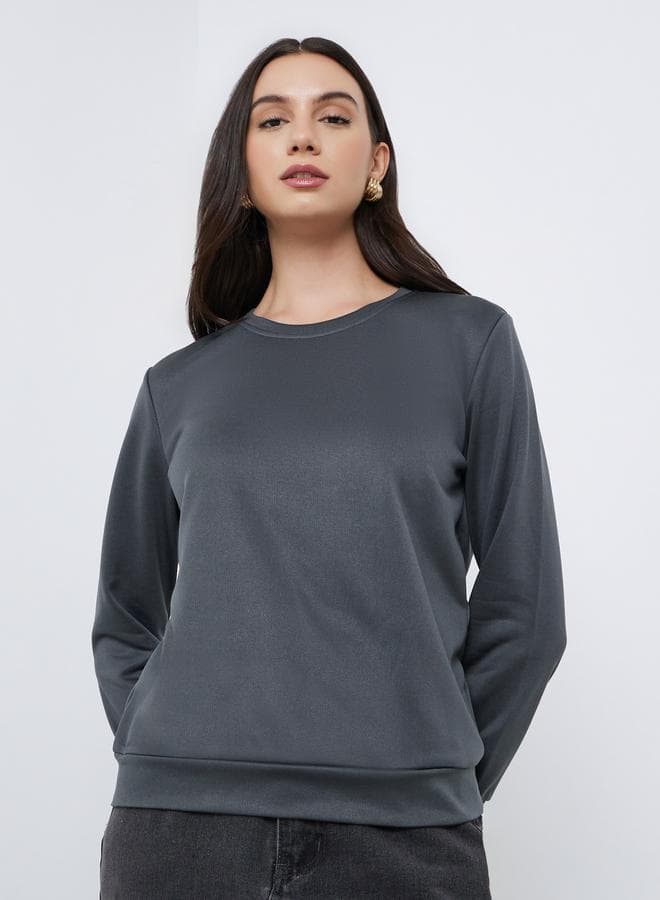 Styli Women Grey Solid Round Neck Sweatshirt — M