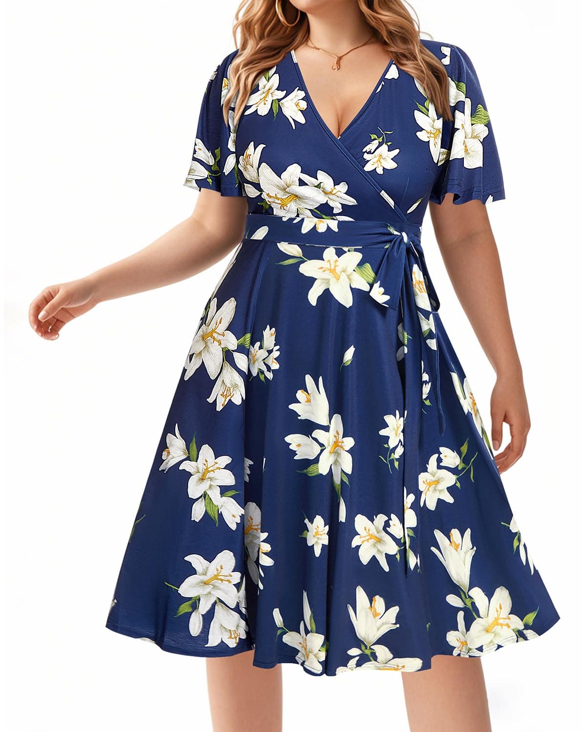 Pinup Fashion Plus Size Navy Floral Sun Dress Women Wedding Guest Wrap V Neck Short Flutter Sleeves Casual Summer Midi Dresses