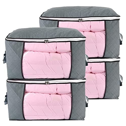 combocube Comforter Storage Bag, Zippered Bag with Large Clear Window and Carry Handles, Space Saver Organizers for Closet, Blanket, Pillow, Quilt, Bedding, Clothes (4Pcs Grey Large)