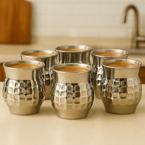 STEEPLE Stainless Steel Double Wall Tea Cups Set of 6 | 170 ml Insulated Coffee Glasses | Premium Hammered Steel Kulhad for Chai, Milk, Water & Juice | Multipurpose Drinking Cups