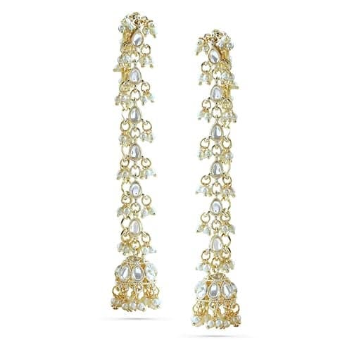 Rubans 18K Gold-Plated White Kundan & Glossy Pearl Beaded Long Jhumka Earring Extension for Women – Ideal for Bridal & Festive Styling