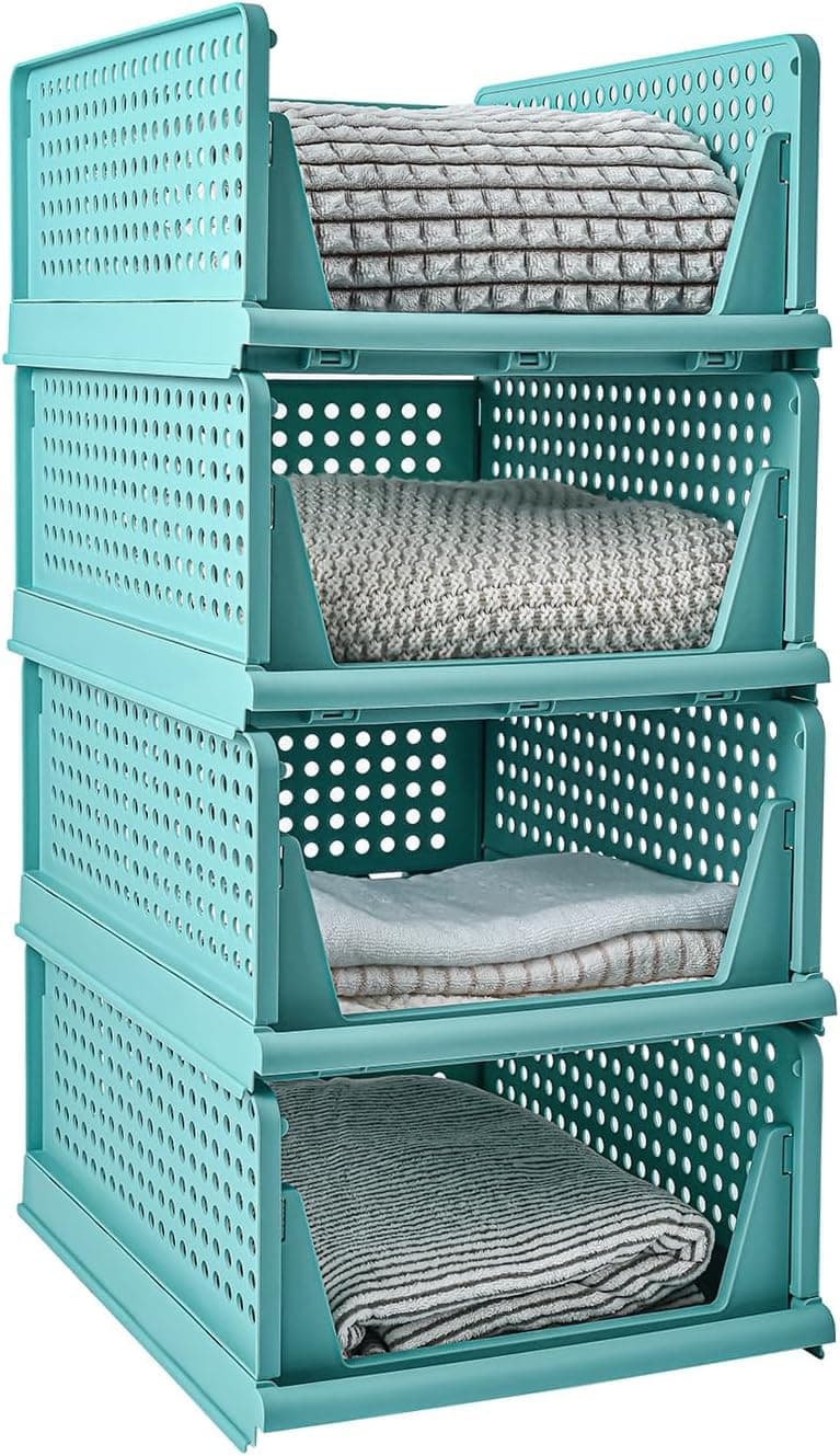 JEYANG Plastic Clothes Organizer For Wardrobe - Foldable And Stackable Closet Cupboard Almirah Space Organiser For Shirt, T Shirt, Jeans (Pack Of 4, Sky Blue)