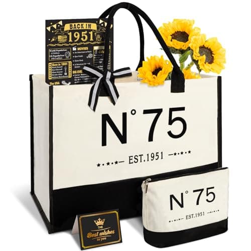 YeohJoy 75th Birthday Gifts for Women Canvas Tote Bag, Unique 75 Years Old Birthday Gifts for Aunt Mom Wife Friends Sister Her, EST.1951 Bag & Makeup Bag & Back in 1951 Poster