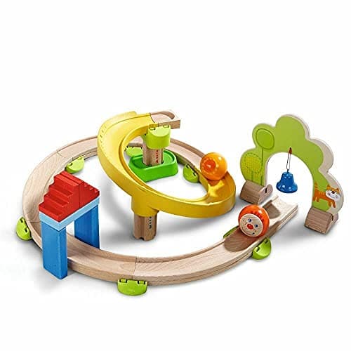 HABA Ball Run Kullerbu Spiral Track 26 Piece Wood Plastic Marble Run Set with Wild Curves Bell for Kids 26 STEM Toy Marble Maze Building Set
