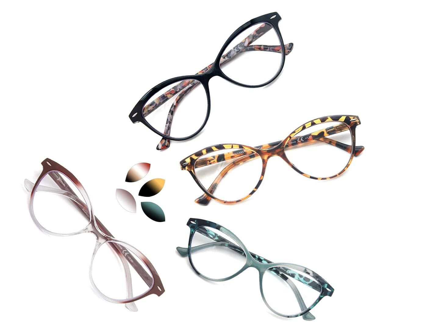 MODFANS 4 Pack Cat Eye 075 Reading Glasses for WomenFashion Ladies Design Comfortable Spring Hinge Stylish 4 Pair Women Readers with 4 Pouch