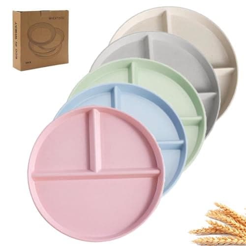 PUPOPIK 9" Unbreakable Divided Plates Set of 5, Wheat Straw Plate Reusable Dinnerware Portion Control Plates, Round Bariatric Plastic Plate for Kids Adults, BPA-free, Dishwasher Safe