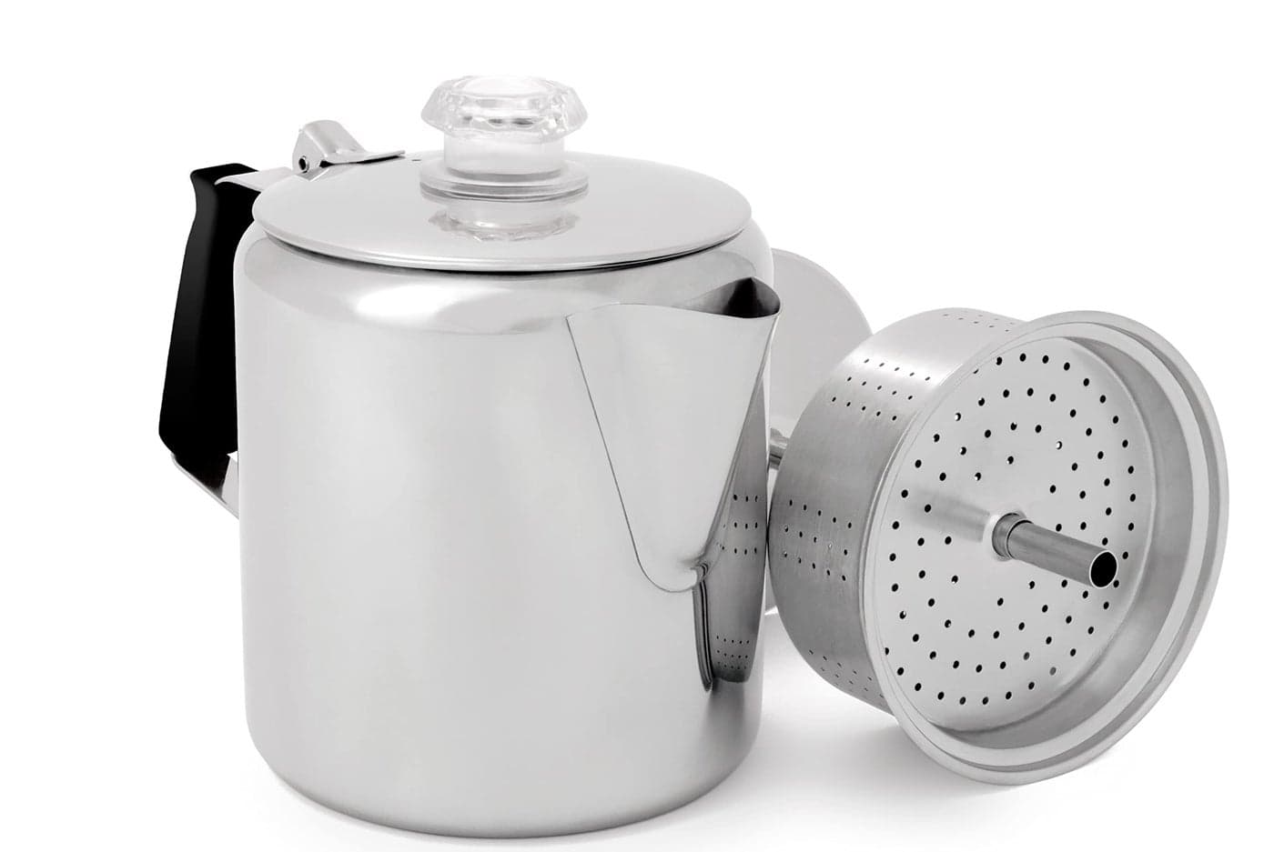 GSI Outdoors Percolator Coffee Pot I Glacier Stainless Steel with Silicone Handle for Camping, Backpacking, Travel, RV & Hunting - Stove Safe - 6 Cup