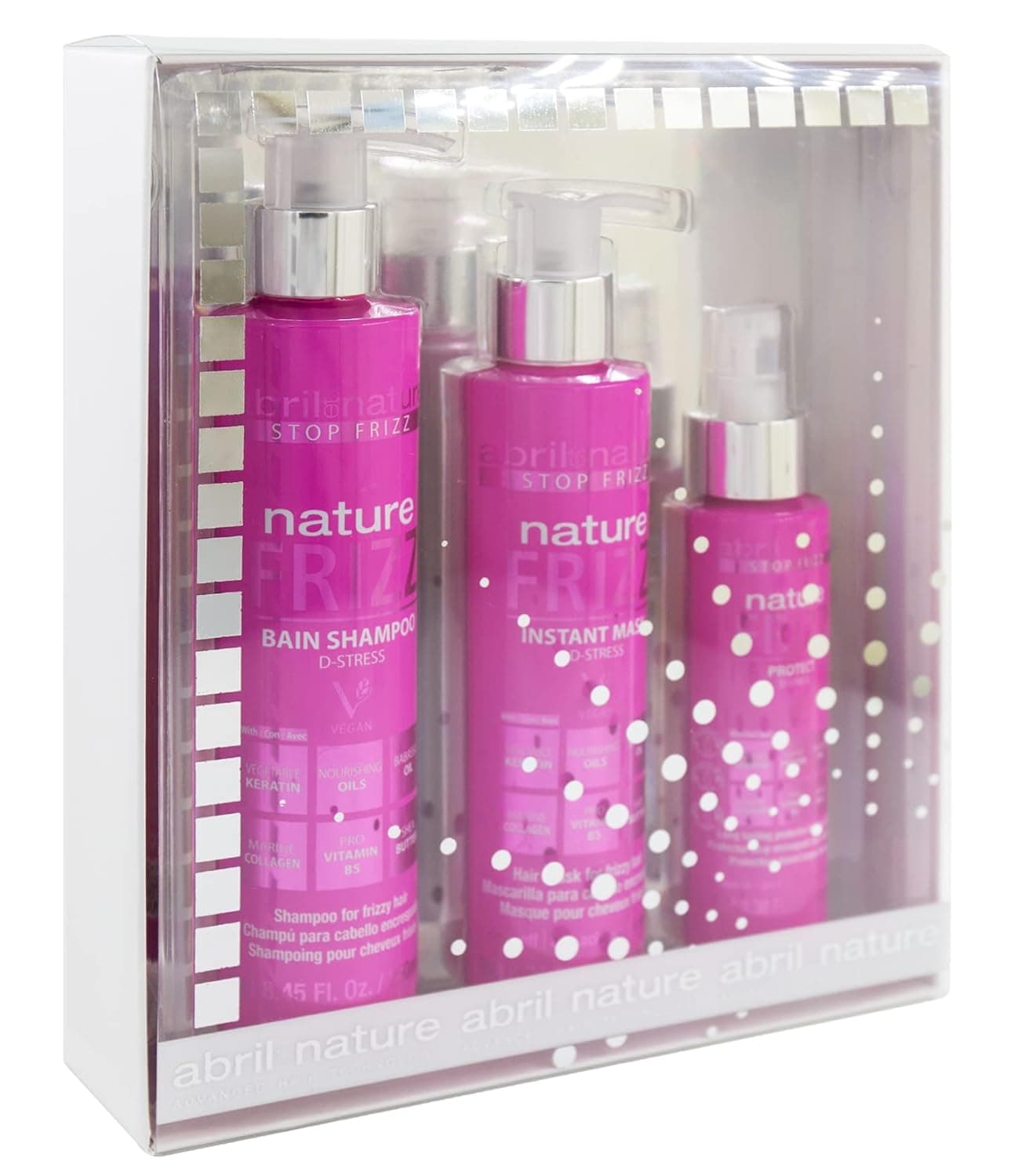 abril et nature - Professional Anti-Frizz Hair Care Set - Hydrates and Maintains Smooth Hair - Shampoo, Conditioner, and Serum Pack for Frizzy Hair - Softer and Shiner Hair - 550 ml/18,59oz