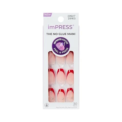 Kiss Impress No Glue Mani Press On Nails Design Happy World Red Medium Size Coffin Shape Includes 30 Nails Prep Pad Instructions Sheet 1 Manicure Stick 1 Mini File