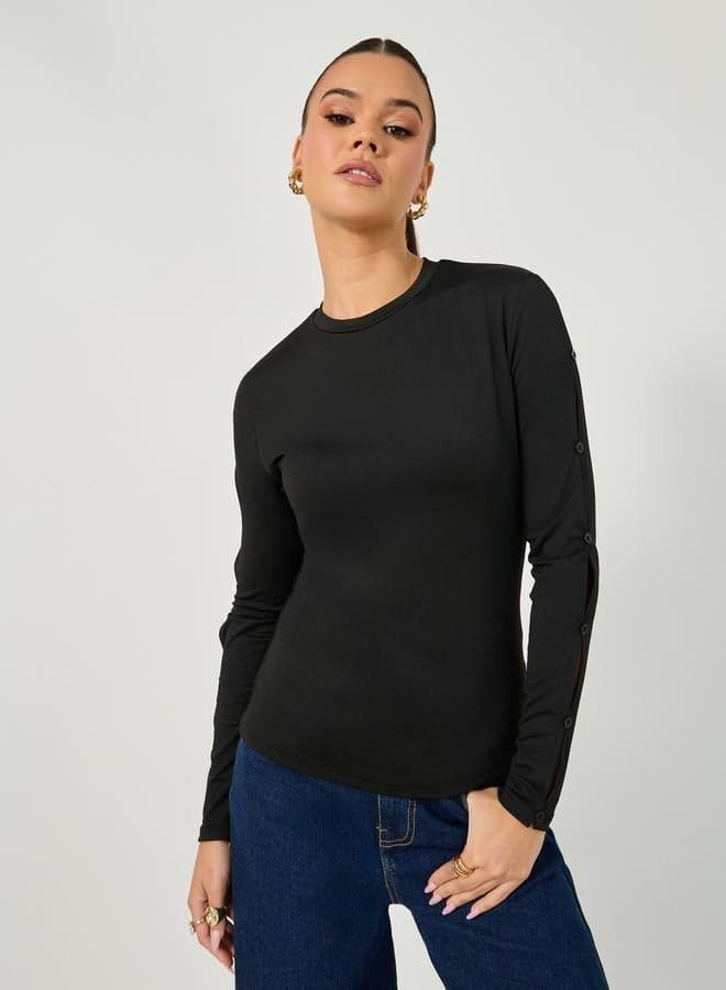 Styli Cut-Out Sleeve Button Detail Round Neck T-Shirt