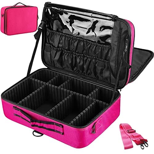 LAFILLETTE Travel Cosmetic Bags, Professional Makeup Case Box Organizer with Adjustable Dividers Compartments for Makeup Brushes Toiletry Jewelry Digital Accessories (16 INCH (2 Layer), Pink)