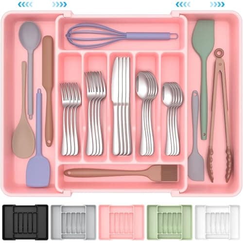 ukeetap Extra Large Expandable Silverware Organizer BPAFree FoodSafe Cutlery Flatware Organizer Kitchen Utensil Drawer Organizer Adjustable Silverware Holder for Spoons Forks Knives Pink