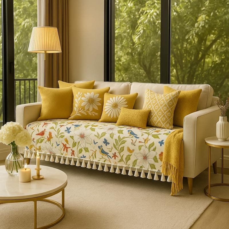 Bird Floral L Shape Sofa Cover for 2+2 Lounger Set,Sofa Throw with Tassels for LHS RHS L-Shaped Sectional for Living Room,4 Seater Sofa Cover India,Seat Cover Corner Sofa Cover,SofaThrow Tassel Set