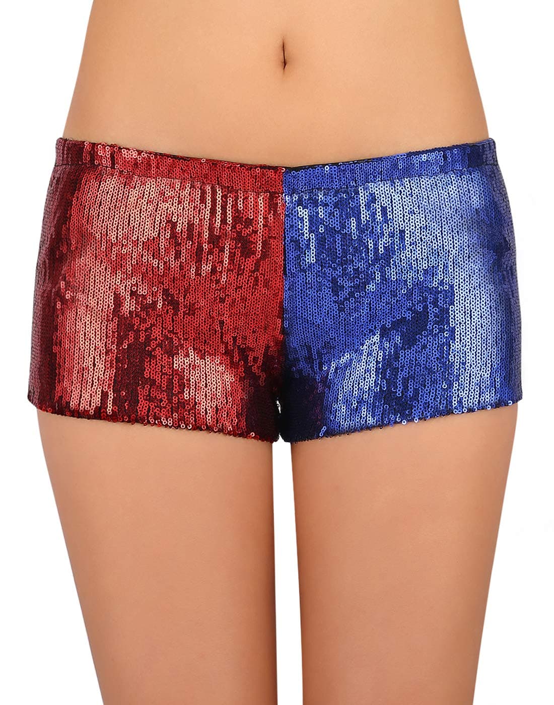 HDE Women's Red and Blue Metallic Sequin Booty Shorts for Harley Misfit Halloween Costume (Red and Blue, Medium)