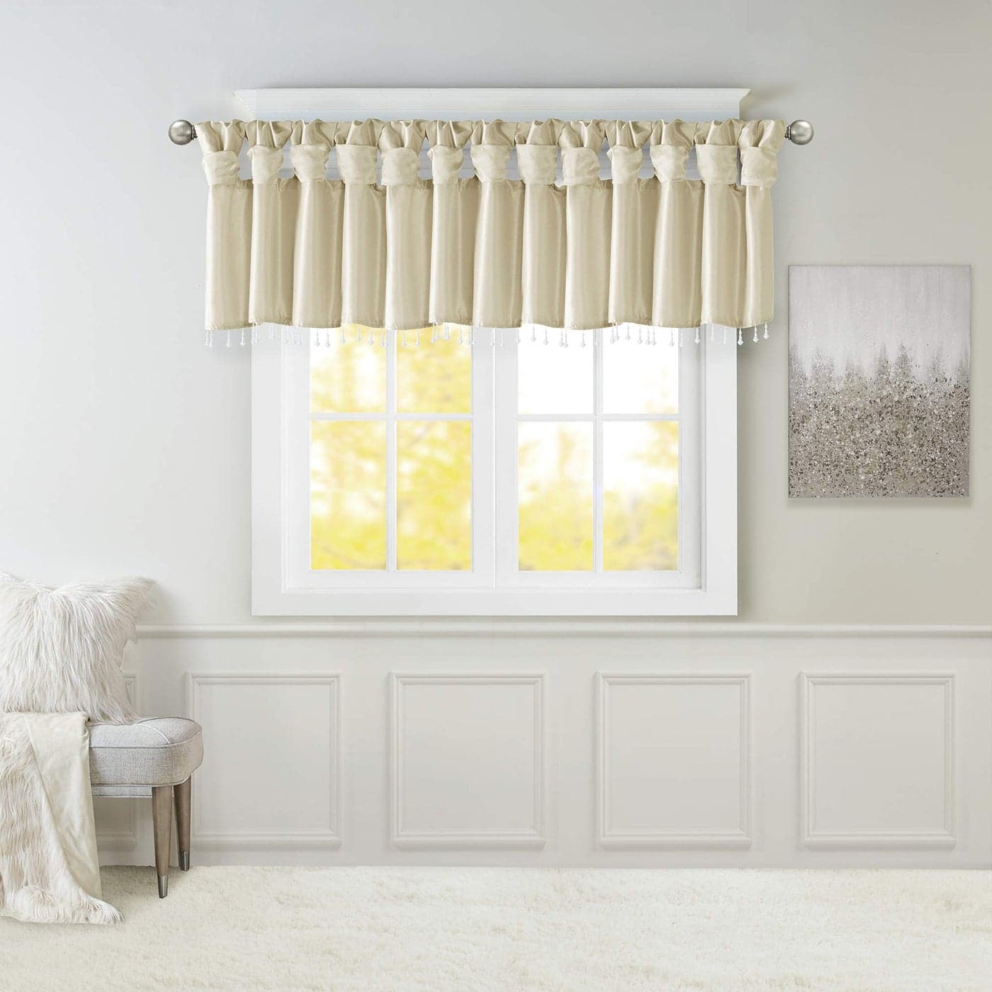 Madison Park Emilia Faux Silk Valance DIY Twist Tab Top Finish with Beads Window Valance Curtain for Living Room Bedroom and Dorm 26L x 50W Champagne