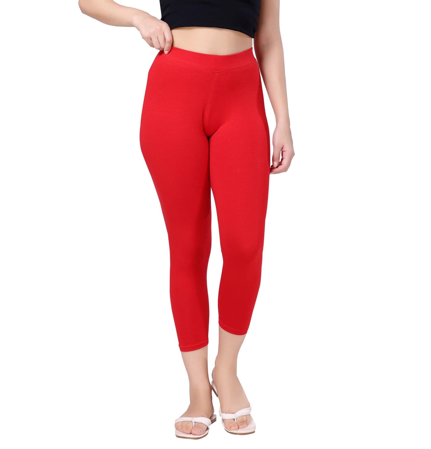 TRASA Tailored Cut & Classic Fit Stretchable Cotton Fabric Mid-Rise Skinny Fit High Ankle Length/Cropped Length Leggings for Women - Red, Size - 2XL