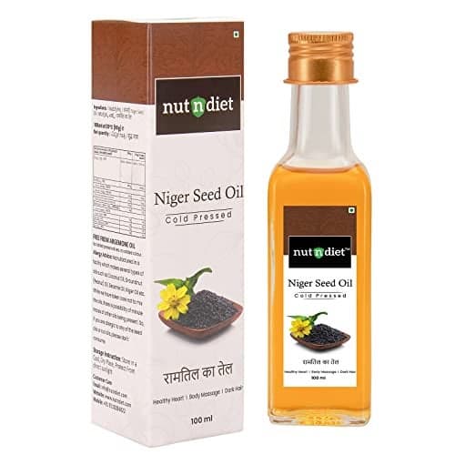 nutndiet Cold Pressed Niger Seed Oil, Heart Healthy Edible Ramtil ka Tel for Cooking, Body Massage and Hair Care, Glass Bottle 100ml