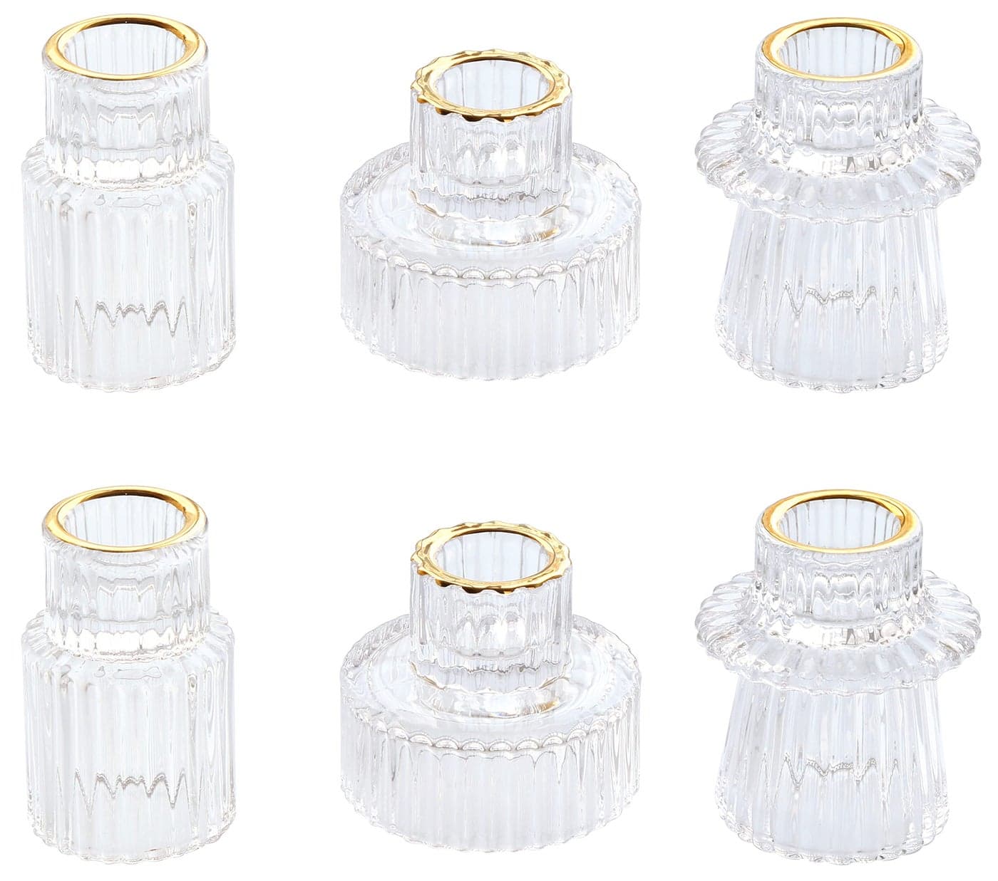 Vixdonos Taper Glass Candlestick Holders Tealight Candle Holders for Table Centerpieces, Wedding Decor and Dinner Party (6 Pcs, Gold Rim Clear)