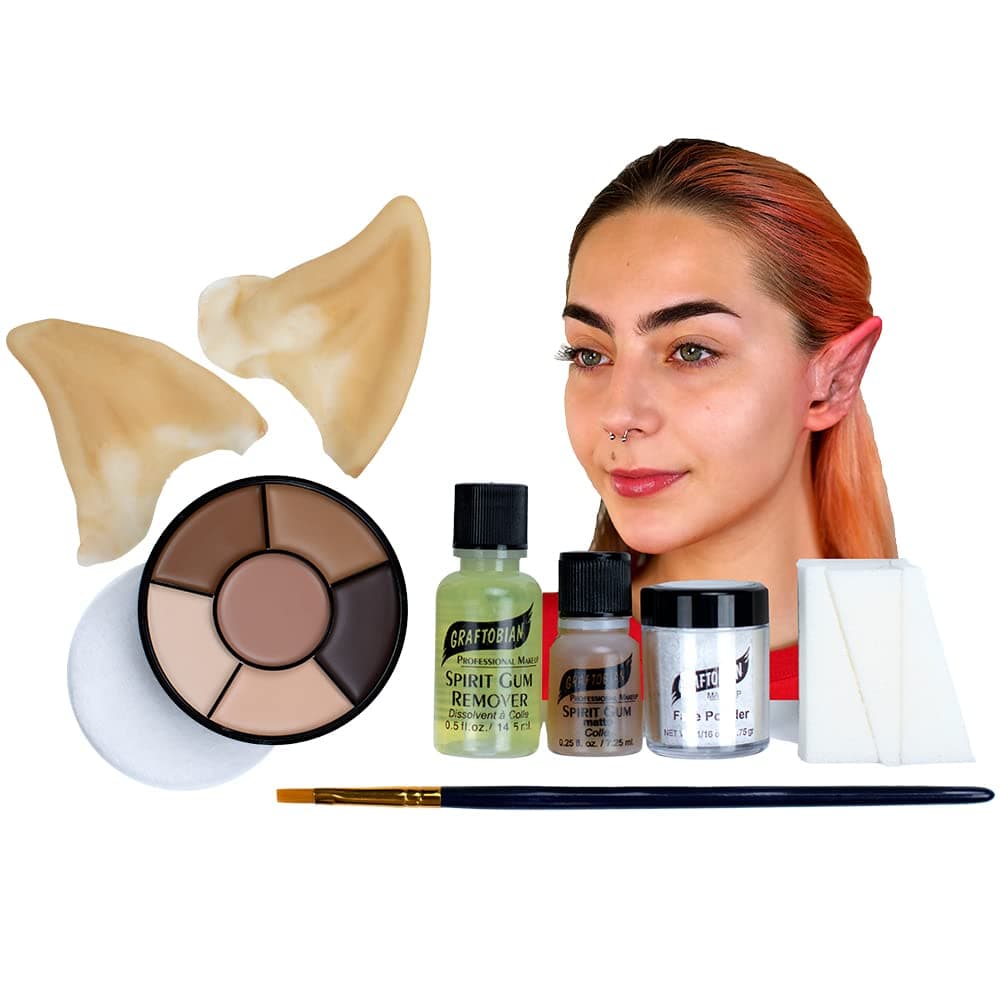 Graftobian Elf Ear Complete Makeup Kit Elf Ears with Spirit Gum Adhesive and Skin Tone Makeup for Cosplay Halloween Costumes Theater Full Color Instructions