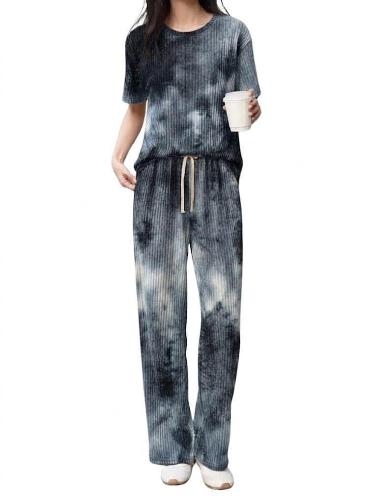 SMOWKLY Women’s Tie-Dye Pajama Set | Relaxed Fit Short Sleeve Top & Long Pants Sleepwear | Soft & Comfy Lounge Wear Set with Pockets winter wear for women | Trendy Korean Co-ord Set (1682_BK_2XL)