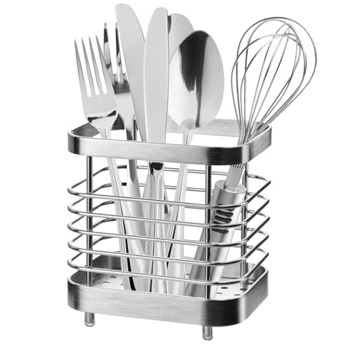 IWNTWY Utensil Holder, Stainless Steel Utensil Drying Rack for Kitchen Counter, Silverware Cutlery Flatware Holder Forks, Knives, Spoons, Chopsticks Organizer (Silver)