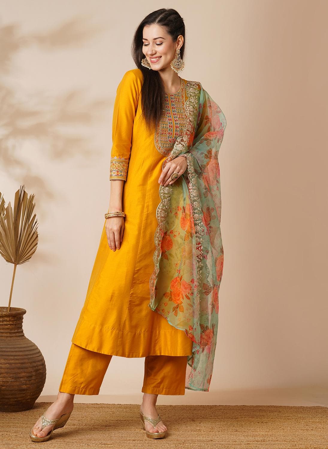 Globus Women Yellow Floral Yoke Design Panelled Gotta Patti Anarkali Kurta Set With Organza Dupatta