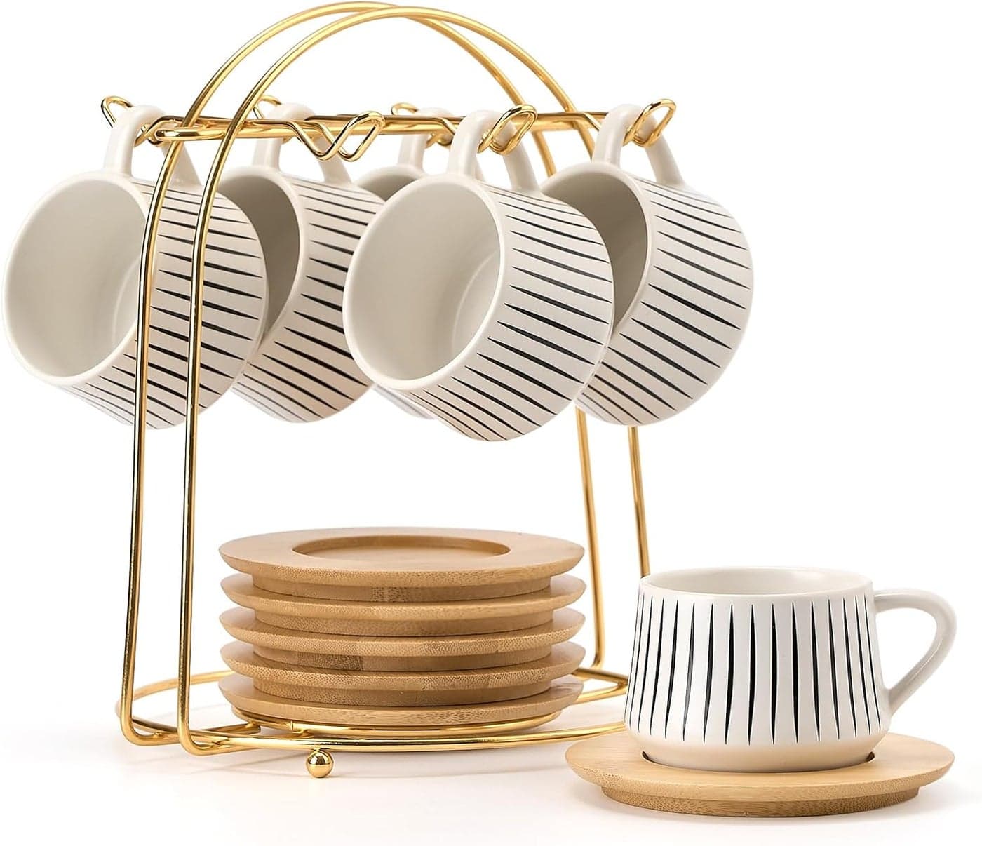 LUKA Ceramic Coffee Espresso Cups with Saucers Set with Metal Holder 4 oz Porcelain Demitasse Cups For Tea Espresso Latte Coffee Cafe Mocha Set of 6 White