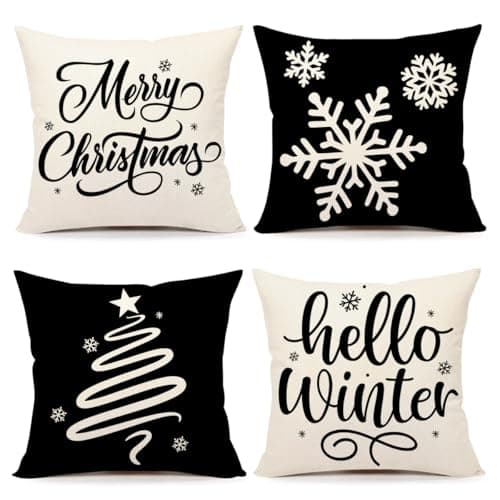 4TH Emotion Black Christmas Pillow Covers 18x18 Set of 4 Farmhouse Xmas Decorations Snowflake Hello Winter Holiday Decor Throw Cushion Case for Home Couch S24C15