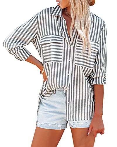 OMSJ Women's Striped Button Down Shirts Casual Long Sleeve Stylish V Neck Blouses Tops with Pockets (XL, Black)