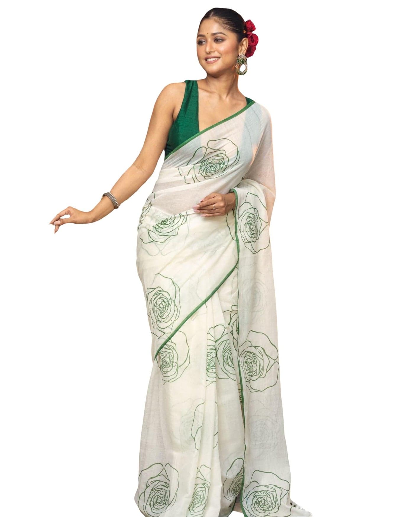 Sidhidata Women's Cotton Blend Floral Print Saree With Tassel Detailing & Comes With Unstitched Blouse Piece (Gulab Green_Green_Free Size)