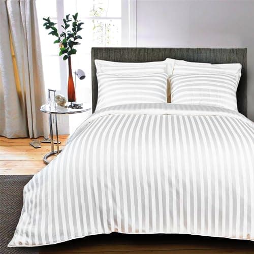 Sofrito 210 TC Striped Glace Cotton Duvet Cover/Comforter/Quilt/Blanket/Rajai/Razai Cover with Solid Zipper Closure & Four Corner Ties - Double - White (for Home, Hotel, Villa, Resorts)