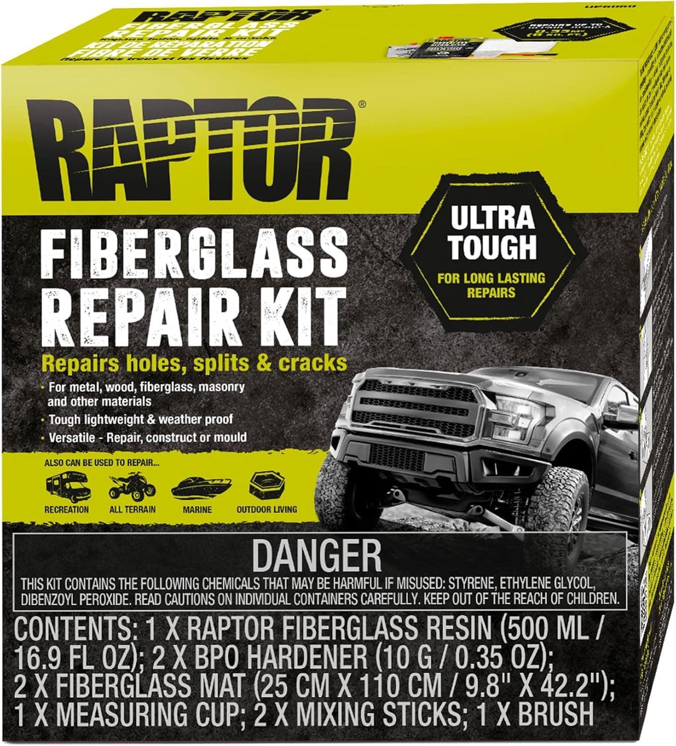 Raptor Fiberglass Repair Kit - Ultra Tough for Long-Lasting Repairs on Holes, Splits & Cracks